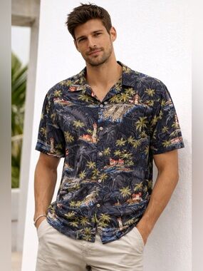 batik bay Men’s hawaiian shirt xl Tropical Island Boat Lighthouse Lobster Rayon